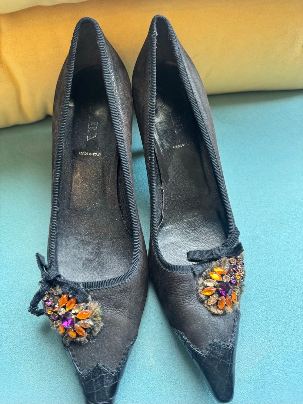 Prada Black Pointed-Toe Heels with Orange and Purple Jewel Accents